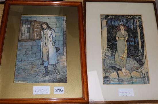 Carrie Solomon, two ink and watercolour original illustrations, one signed and dated 1912, 25 x 16.5cm